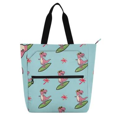 Imagem de GAIGEO Sacola feminina azul de desenho animado T Rex para trabalho lona praia livro tote com zíper lindas bolsas infantis amantes de livros