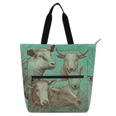 Imagem de Bolsa feminina de trabalho com animais agrícolas de ovelhas e vacas, bolsa escolar de lona, bolsa média, presente para amantes de livros
