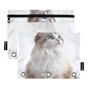 Imagem de Estojo de lápis de animal com estampa de gato fofo, 3 anéis, fichário com zíper, bolsa de lápis, canetas, fichários transparentes, estojo para canetas, armazenamento escolar, 25 x 18 cm, 2 pacotes
