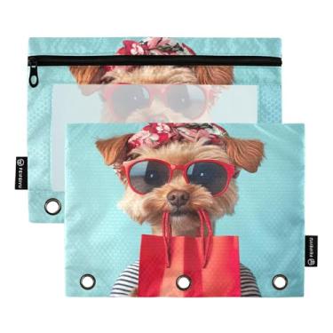 Imagem de GAIGEO Chic Cool Brown Dog Print 3 anéis fichário bolsa para lápis bolsa para lápis com zíper fichário caneta transparente estojo de caneta meninos escolares 25 cm x 18 cm, 2 pacotes