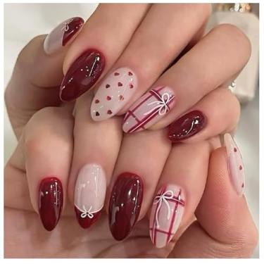 Imagem de Unhas postiças curtas com ponta francesa, design fofo, borgonha e branca, cobertura total, cola artificial no laço e coração, verão, inverno, unhas postiças, dia dos namorados, para mulheres, faça