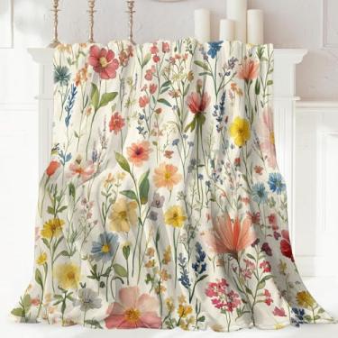 Imagem de Cobertores florais, flanela de planta de flor vintage, quente, macio, macio, fofo, cobertor de sofá para cama, boêmio, colorido, flores silvestres, lã, para decoração do quarto e do quarto, 127 x 152