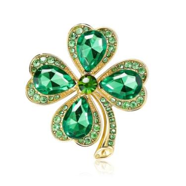 Imagem de QLYOVWE Broche de trevo do dia de São Patrício para mulheres broche de folha de trevo verde cristal broche de esmalte irlandês joias de ouro presente irlandês amuleto da sorte acessórios de fantasia