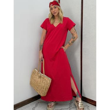 Imagem de Vestido Longo de Algodão com Bolso Decote V Vermelho-Feminino