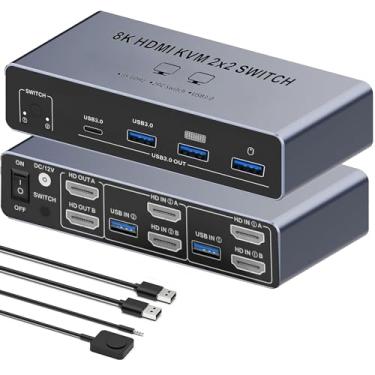 Imagem de Interruptor HDMI KVM 8K para 2 monitores, 2 computadores 8K @60Hz 4K @120Hz monitor duplo, HDMI, USB 3.0, comutador KVM, 2 PCs ou laptops, compartilham 1 conjunto de teclado, mouse, impressora e