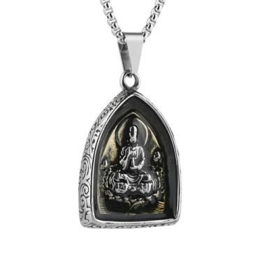 Imagem de STWTR Colar de Buda masculino com pingente de aço inoxidável Avalokitesvara Buda Bodhisattva Amuleto Padroeiro Santo