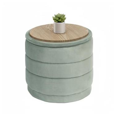 Imagem de B FSOBEIIALEO Otomano de armazenamento de veludo redondo com bandeja, otomano dobrável com mesa de centro de armazenamento descanso de pés para dormitório, sala de estar, 39 cm x 39 cm x 37 cm