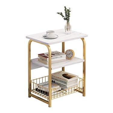 Imagem de Mesa de centro com textura de mármore de madeira, armário de sofá, mesa de cabeceira com bandeja de armazenamento para quarto e sala de estar (tamanho: 2 camadas) ()