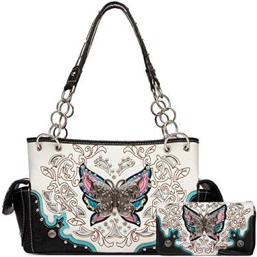 Imagem de Bolsa feminina estilo ocidental primavera borboleta flor bolsa country bolsa de ombro strass conjunto carteira, Conjunto preto nº 2, Large