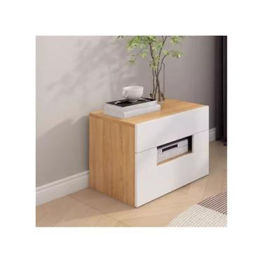 Imagem de VHDY85KA Mesa lateral de cabeceira branca + armário de armazenamento de cor de madeira com duas gavetas, sólido para sala de estar, quarto, prateleira de armazenamento de estudo