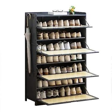 Imagem de Armário de sapatos de vime natural feito à mão com 3 gavetas, armário de armazenamento moderno com gancho, porta respirável, organizador de sapatos independente para corredor, entrada, sala de estar