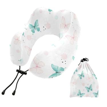 Imagem de Burbuja Almofada de pescoço de borboletas em aquarela para viagem, almofada de viagem de espuma viscoelástica para dormir, suporte de cabeça de avião de carro, lavável na máquina e portátil