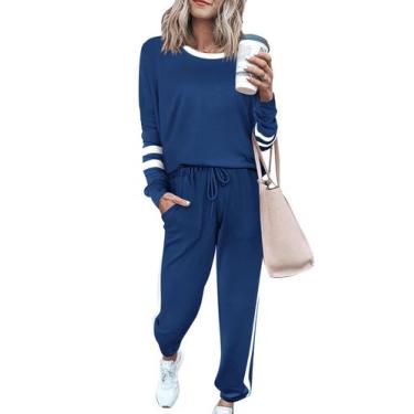 Imagem de Conjunto de Moletom PRETTYGARDEN XL Listrado Azul Escuro para Lazer