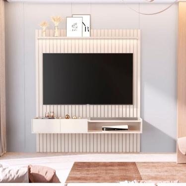 Imagem de Painel Ripado para Tv 75 Polegadas com Nicho e Prateleira com Led Vitoria Regia Off White