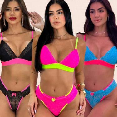 Imagem de Kit 3 Conjunto Lingerie Sem Bojo Neon Chiara Tamanho:PCor:Rosa Neon Ve