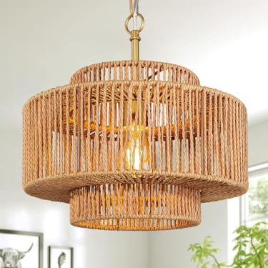 Imagem de Bagood Lustre De Vime De 12,4" 1 Luz Pendente De Vime Trançado Luminária Pendente De Vime Boho Luminária De Lustre De Fazenda Luminária De Lustre De Vime De Tambor De 3 Camadas Lustre Dourado De Vim