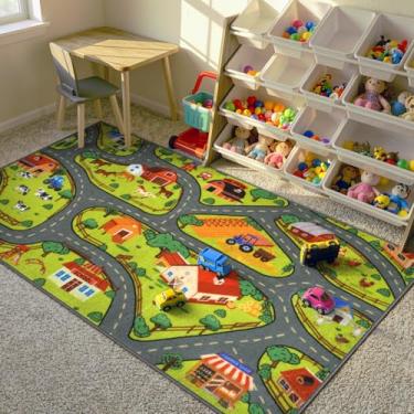 Imagem de STARUIA Tapete infantil lavável de 152 cm x 81 cm para sala de jogos, tapetes de carro de bebê para crianças, carros de brinquedo se divertem com segurança, tapete educativo para pista de corrida para