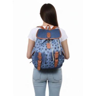 Imagem de Mochila Feminina Jeans Estrela Urbana Detalhe Caramelo