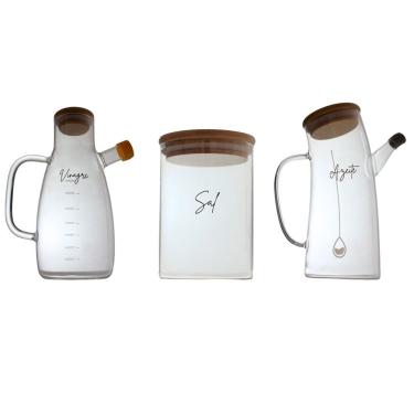Imagem de Kit Gourmet de Vidro Kit Vidro Gourmet – Azeite, Vinagre e Sal com Tampa de Bambu com Bicos Dosadores e Pote Hermético
