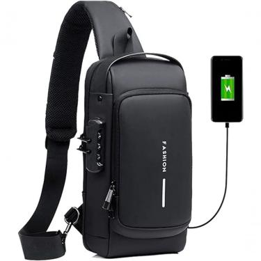 Imagem de Pochete Transversal FG com Cadeado e Porta USB em Poliéster e PU 32X18X8CM Preto Unissex