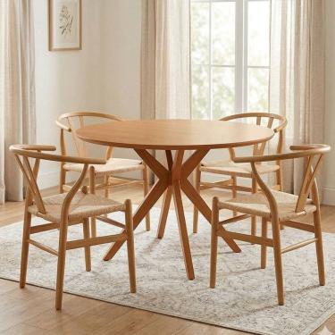 Imagem de Sala de Jantar 4 Lugares Mesa Redonda em Madeira Maciça com Cadeiras Wishbone Espresso Móveis Cinamomo/ Bege