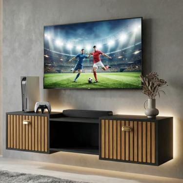 Imagem de Rack Suspenso Pequeno Home Shop Bancada TV 42" Nicho Decorativo Porta Basculante Puxador Concha Sala Quarto