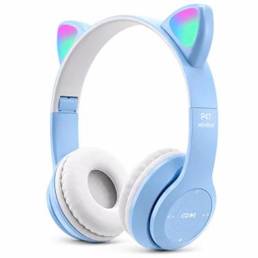 Imagem de Headset Gato Orelha Luz Fone Infantil com fio e Bluetooth Azul Claro -