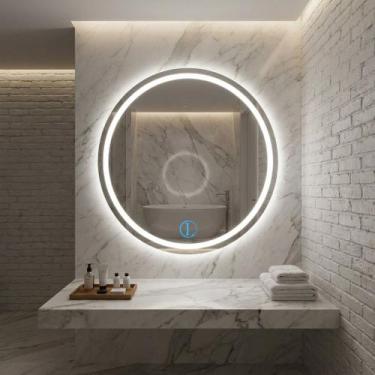 Imagem de Espelho Lopazzi Redondo Bivolt c/Led Jateado 3tons 80x80 Lapidado P/Pe