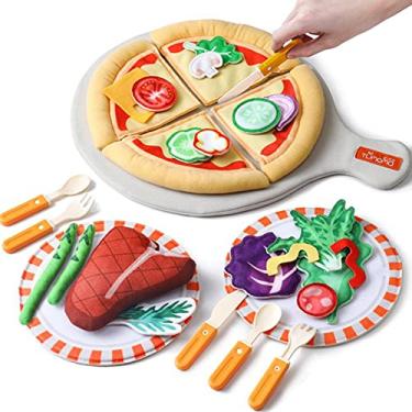 Imagem de Conjunto de Comida 31 Peças Brinquedos de Feltro Cortando Pizza Brinquedos DIY Kits de Pizza com Bife Legumes Louça Acessórios Pratos Brinquedo de Cozinha Chef Role Play para Crianças 3 Anos +