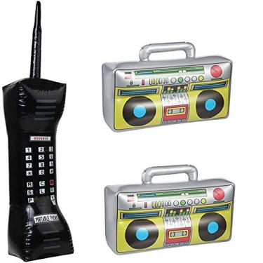 Imagem de Minelife Pacote com 3 Suprimentos de Festa Infláveis para Celular e Rádio Boombox, Caixa Inflável Boom Boom Boom Falso Falso Telefone inflável 80s 90 Decorações de Festa para Rappers Hip Hop B-Boys