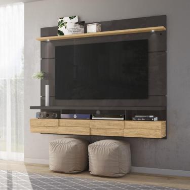 Imagem de Painel Home Suspenso Lana 1.8 Para TV Até 60&quot; 2 Portas Luz LED Sala Estar Preto e Marrom Carvalho
