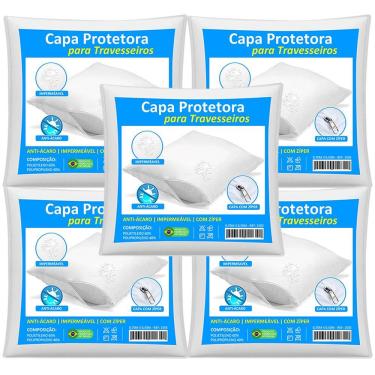 Imagem de Kit 5 Capas Travesseiro Impermeável Branca 50cm x 70cm Com Zíper e HipoAlergênico
