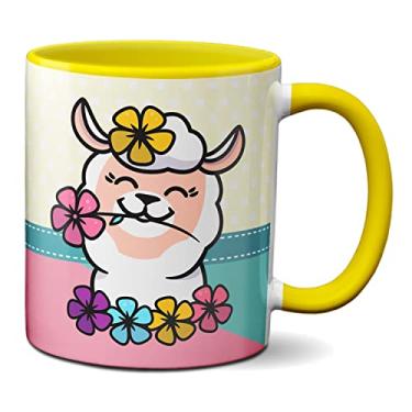 Imagem de Caneca Divertida Lhama Fofinha Com Flores Teu Cú (Amarela)