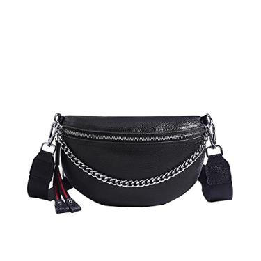 Imagem de Pochete de couro legítimo, bolsas transversais para mulheres, bolsa de cintura, bolsa de cinto, bolsas de peito, bolsa de cintura casual com zíper, Preto, Moda casual