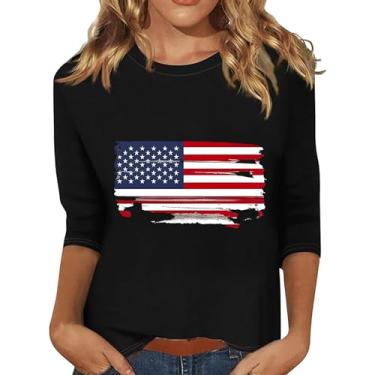 Imagem de Camisetas femininas de 4 de julho com a bandeira americana do Dia da Independência Camiseta casual Patriotic Memorial Day, blusa de manga 3/4, Preto, P