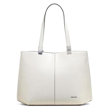 Imagem de Calvin Klein Bolsa feminina geométrica de granito – couro vegano, monograma, 3 bolsos, Querubim branco, One Size
