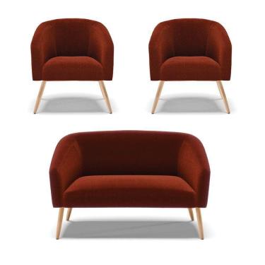 Imagem de Kit 1 Sofá Namoradeira E 2 Poltronas Stella Bouclê Pés Palito Natural - D`rossi Cor Terra