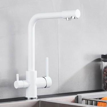 Imagem de Torneira de cozinha com 3 vias, furo único, 2 alças, misturador de água quente e fria, filtro de água pura, branca