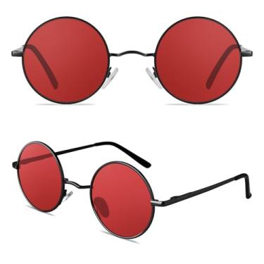 Imagem de CGID Óculos de sol retrô redondos polarizados masculino feminino círculo metal hippie proteção UV400 E01, Lente retro/48 mm/armação preta vermelha, Large