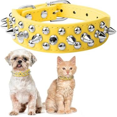 Imagem de Pimaodog Coleira para cachorro cravejada, coleira ajustável de couro macio para cães pequenos e médios Bulldog Pitbull Mastim Poodle Boxer (P, amarelo-2)