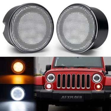 Imagem de Aexploer Para JK Front Grill Luzes de seta para Wrangler JK JKU 2007-2018, halo branco como luzes de corrida diurna, LED amarelo Honycomb como seta 2 peças (lente transparente)