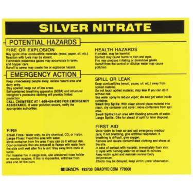 Imagem de Brady Etiqueta de material perigoso de vinil 93730, preto em amarelo, 9,5 cm de altura x 11,2 cm de largura, legenda "nitrato de prata" (25 etiquetas por embalagem)