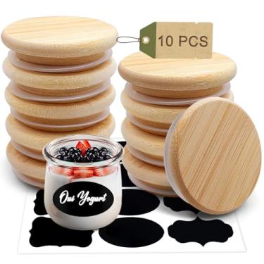 Imagem de Tampas de pote de iogurte Oui, conjunto de tampas de madeira à prova de vazamento Cymuber com anéis de vedação de silicone, tampas de conserva de bambu natural reutilizáveis com etiqueta de garrafa