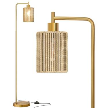 Imagem de Oneach Luminária De Chão Dourada De 66" Para Sala De Estar, Luminária De Chão Boho Com Lâmpada Led, Pedal, Abajur De Vime, Luminária De Pé Alta Industrial Estilo Fazenda Para Quarto, Sala De Jantar,