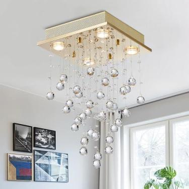 Imagem de Bestier Lustre Quadrado De Cristal Dourado Moderno Em Forma De Gota De Chuva, Luminária De Teto Led Embutida, Luminária Pendente Para Sala De Jantar, Banheiro, Quarto, Sala De Estar, 4 Lâmpadas Gu10