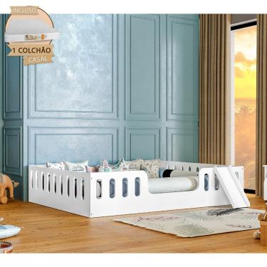 Imagem de Cama Infantil Helo + Kit D28 Casal Montessoriana Branca com Escorregador - Divaloto