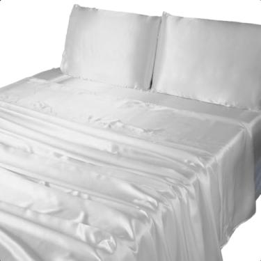 Imagem de Jogo de Cama Queen Size 4 Peças Seda Cetim Charmousse Lençol e Fronha Toque Macio (Branco)