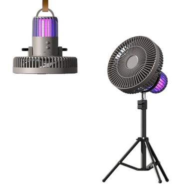 Imagem de Ventilador Portátil para Camping com Luz UV Antimosquito – Bateria 8000mAh (12h Duração), Altura Ajustável em Metal (até 70cm), Oscilação 120°, 3 Velocidades e Design Compacto