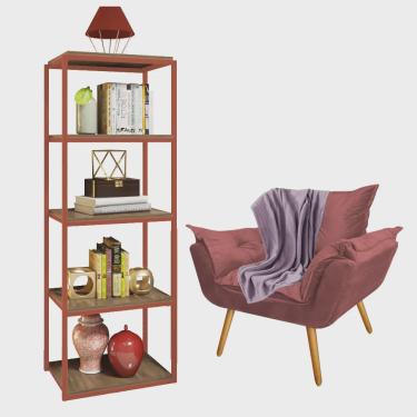 Imagem de Kit Poltrona Fatte com Manta Soft Lilás e Estante Livreiro Ferro Bronze mdf Imbuia Suede Rose Gold - Ahazzo Móveis