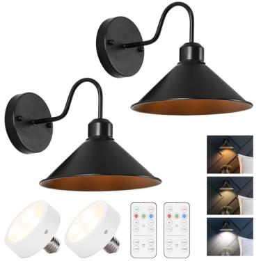 Imagem de HOJOYRI Arandelas de parede vintage Gooseneck sem fio, operadas por bateria, conjunto de 2, lâmpadas de parede LED pretas sem fio alimentadas por bateria com controle remoto, luminária interna